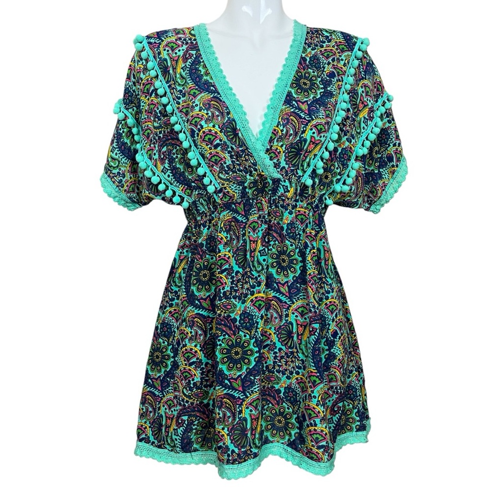 America & Beyond Bohemian Empire Waist Paisley Pom Pom Swim Cover Up Large